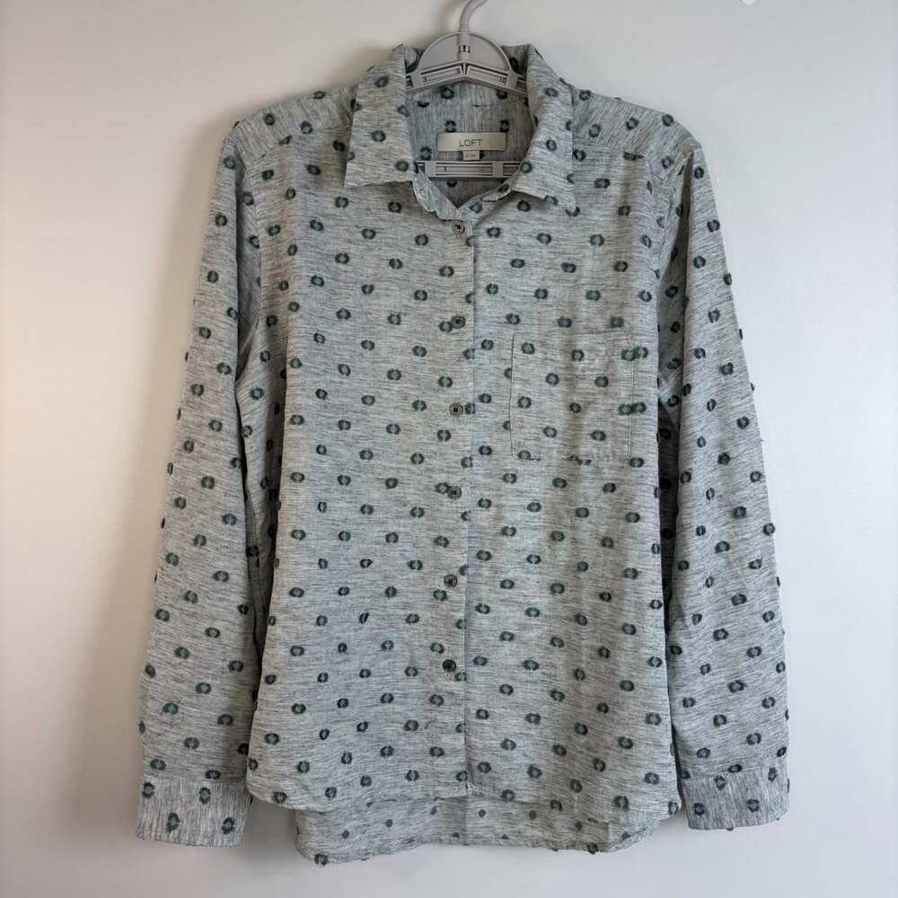 Loft NEW linen blend long sleeve button up womens M gray collar pocket polka dot